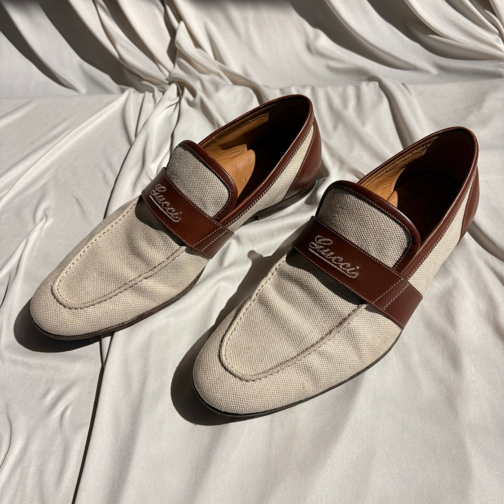 Vintage Gucci Slip-On Loafers - Cream Canvas, Brown Leather, EU 39