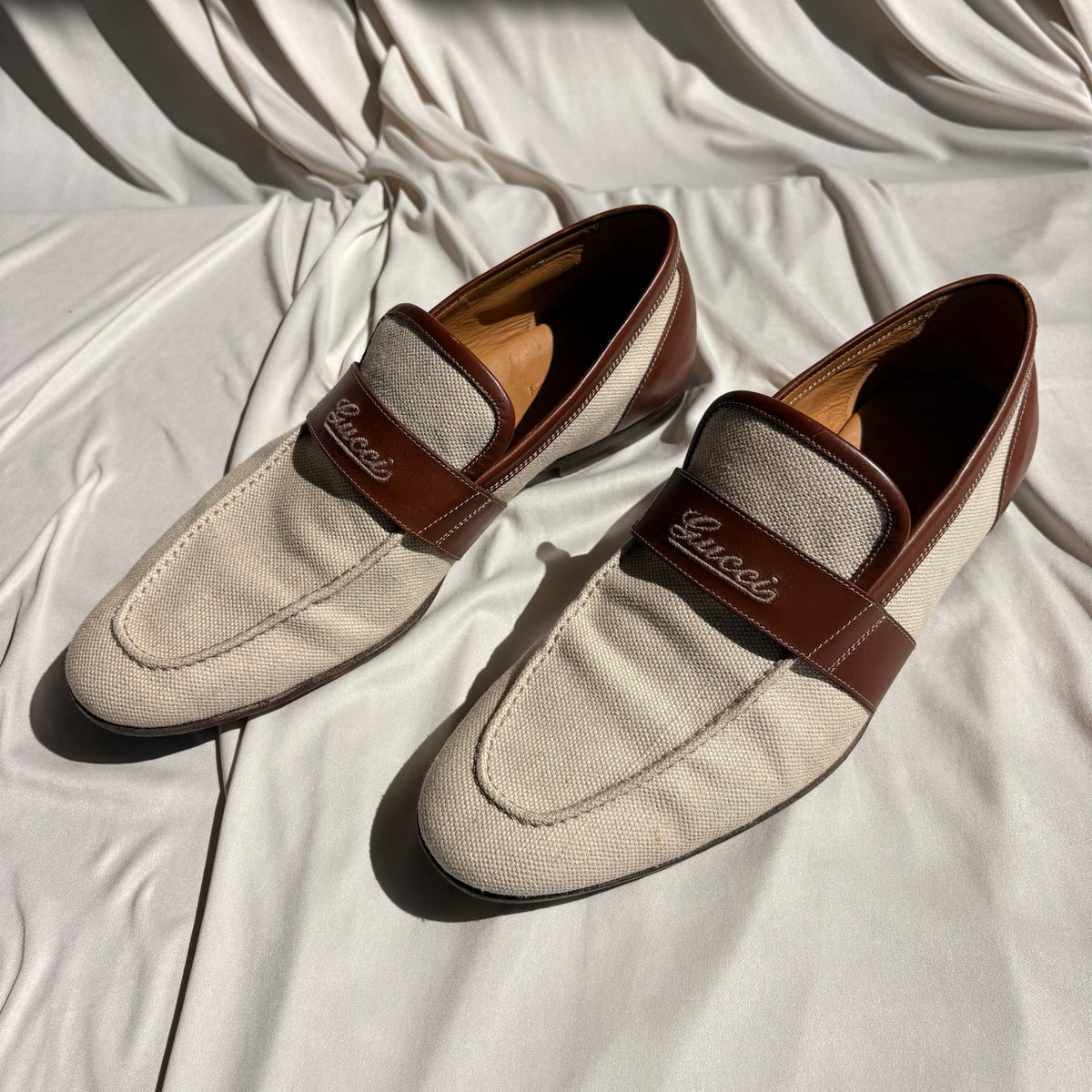 Vintage Gucci Slip-On Loafers - Cream Canvas, Brown Leather, EU 39