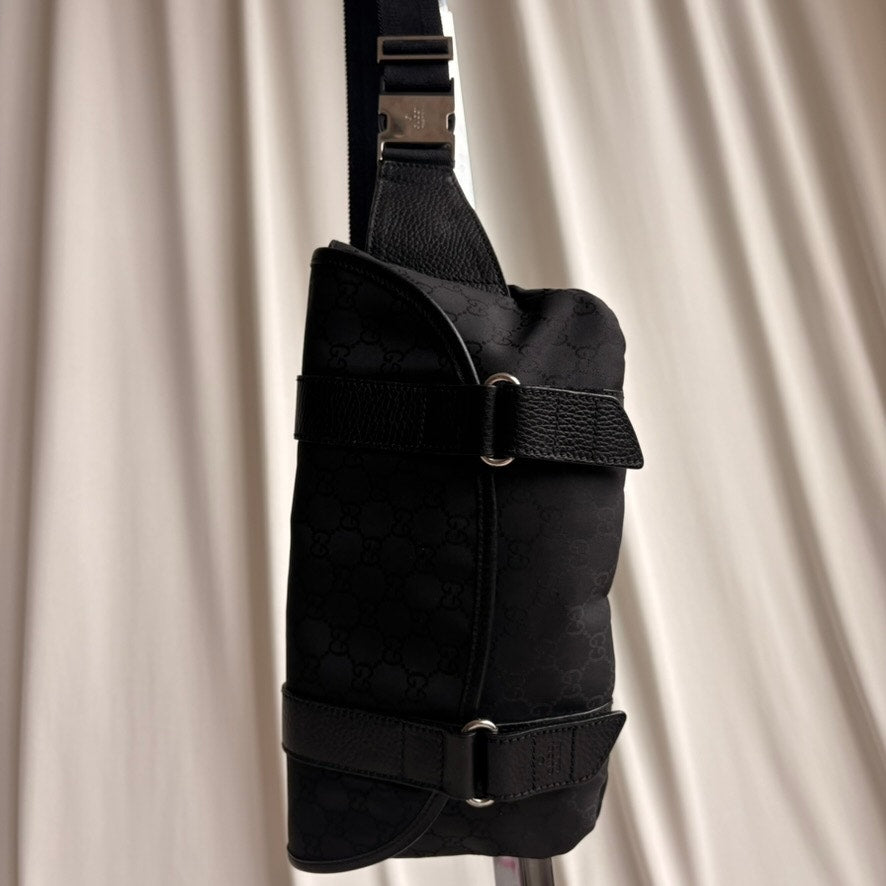Gucci Messenger Bag Black GG Monogram Nylon, Leather Trim