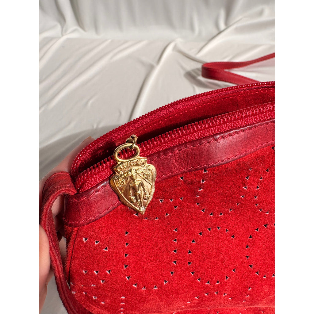 Vintage Gucci Red Suede Perforated Giant Logo Pouch Crossbody Bag