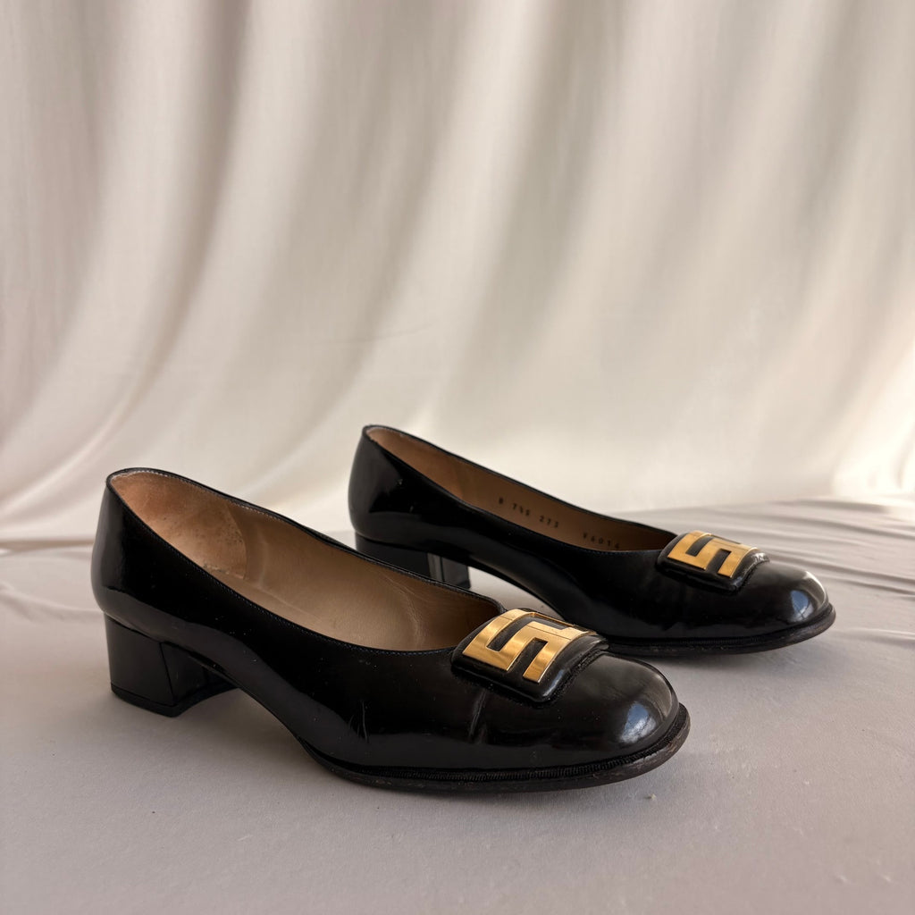 Vintage 90s Black Patent Leather Round Toe Loafers - Gold Hardware, Block Heel