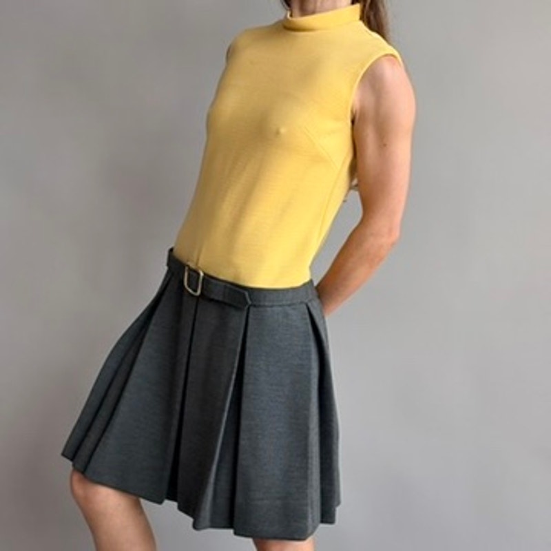 Vintage 60s Union-Made Mustard & Grey Drop Waist Wool Dress