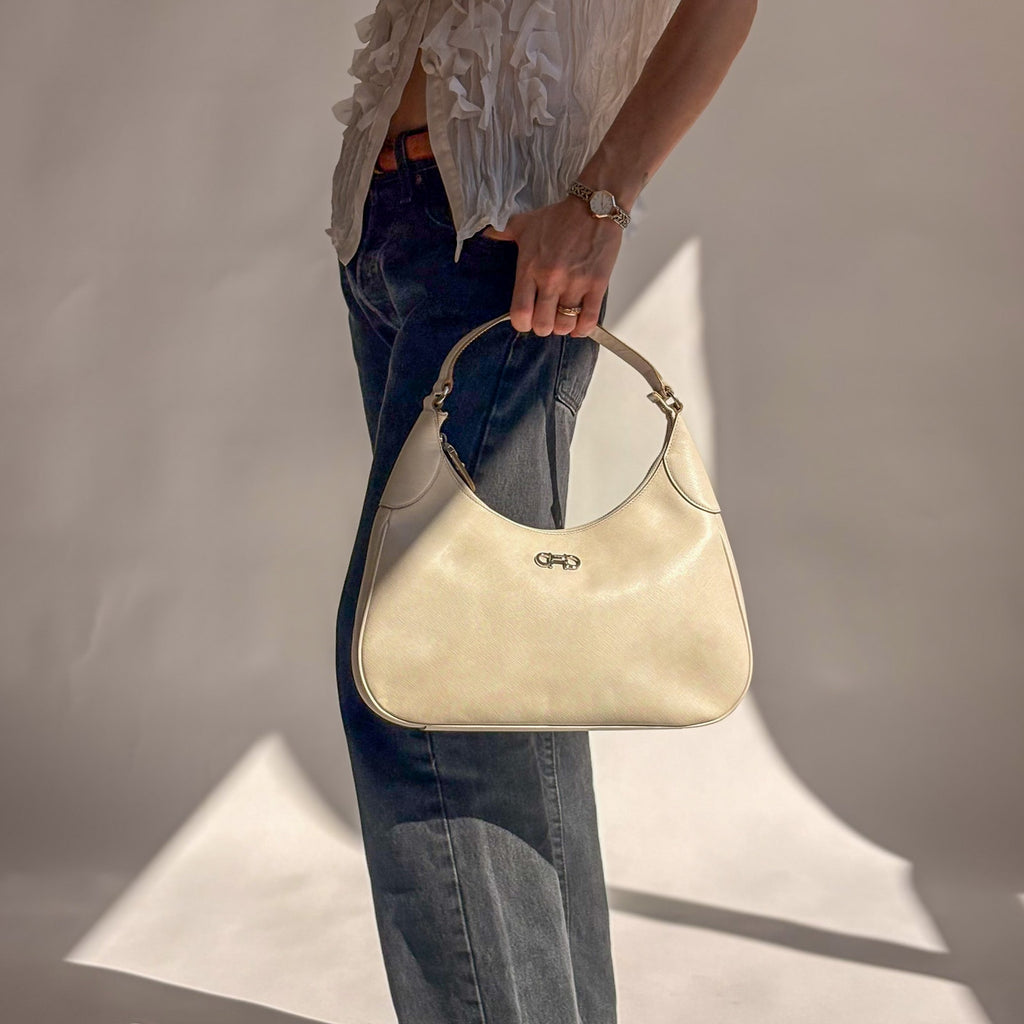Ferragamo Gancini Romana Hobo Bag - White Saffiano Leather