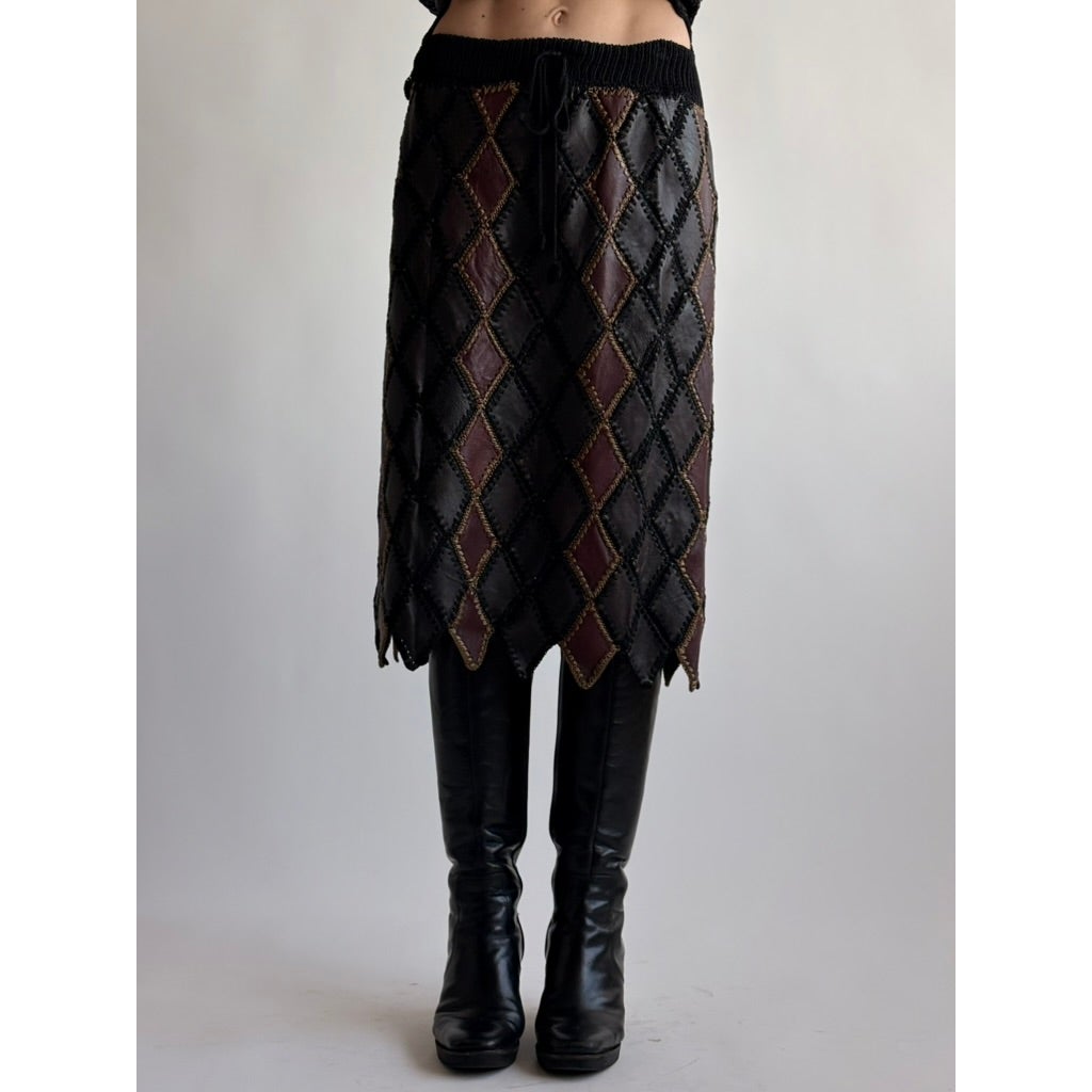 Vintage 1970s Handmade Turkish Diamond Patchwork Leather Skirt