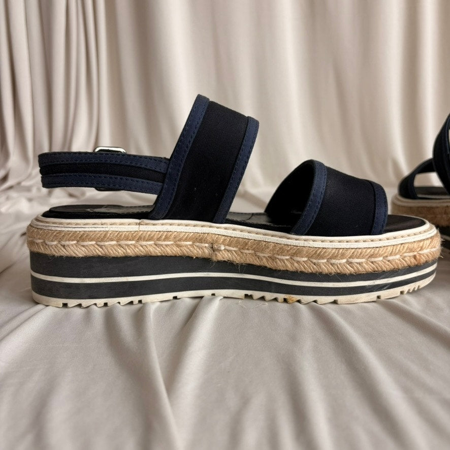 Prada Black & Baltic Blue Canvas Espadrille Platform Sandals - EU 37/US 7
