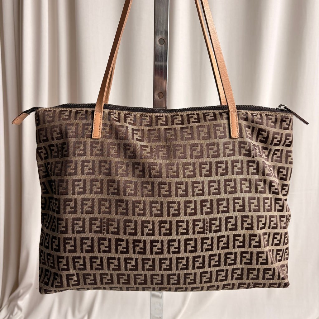 Vintage Fendi Brown and Tan Zucchino Canvas Tote - Early 2000s