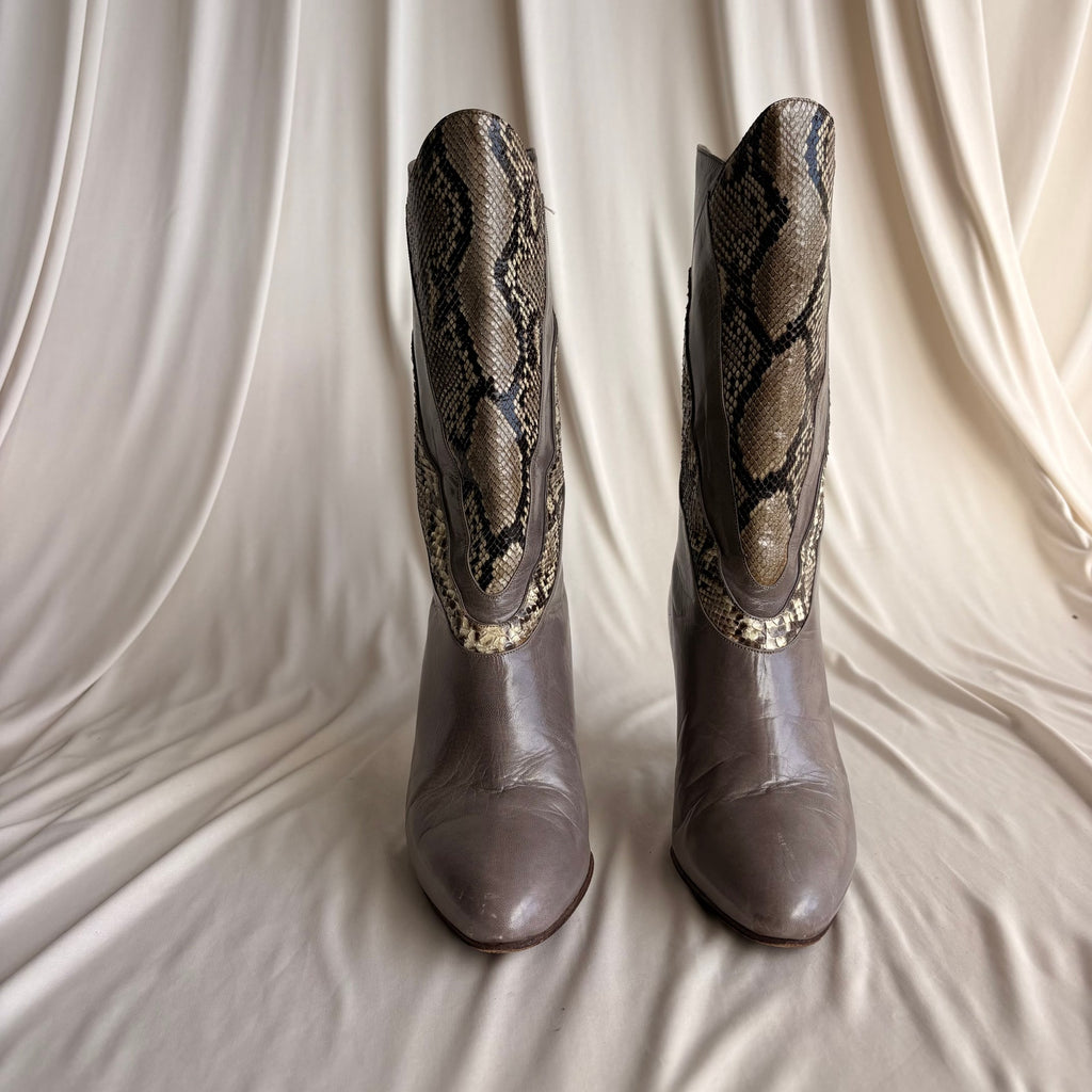 Bruno Magli Color-Block Mid-Calf Boots -  Grey & Snakeskin, EU 36