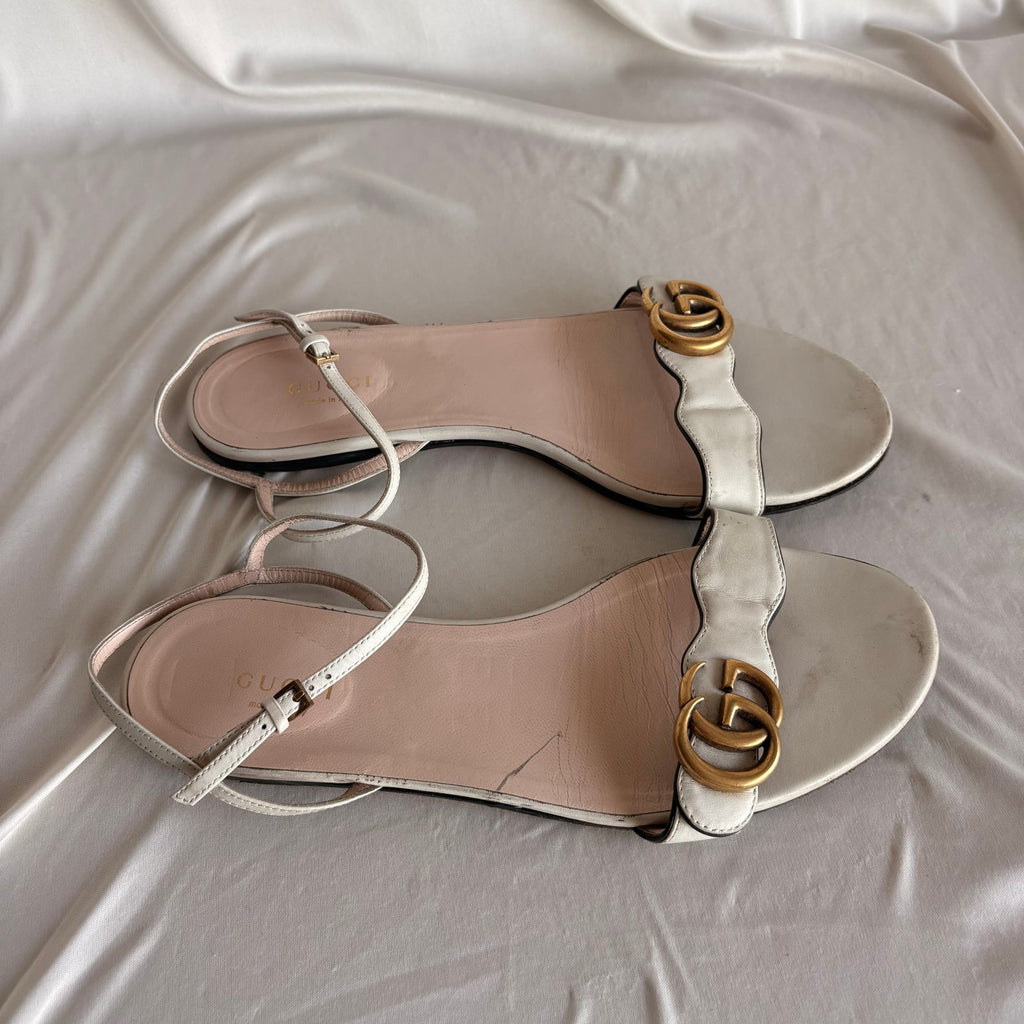 Gucci Double G Lifford White Calfskin  Flat Ankle Wrap Sandals - 39