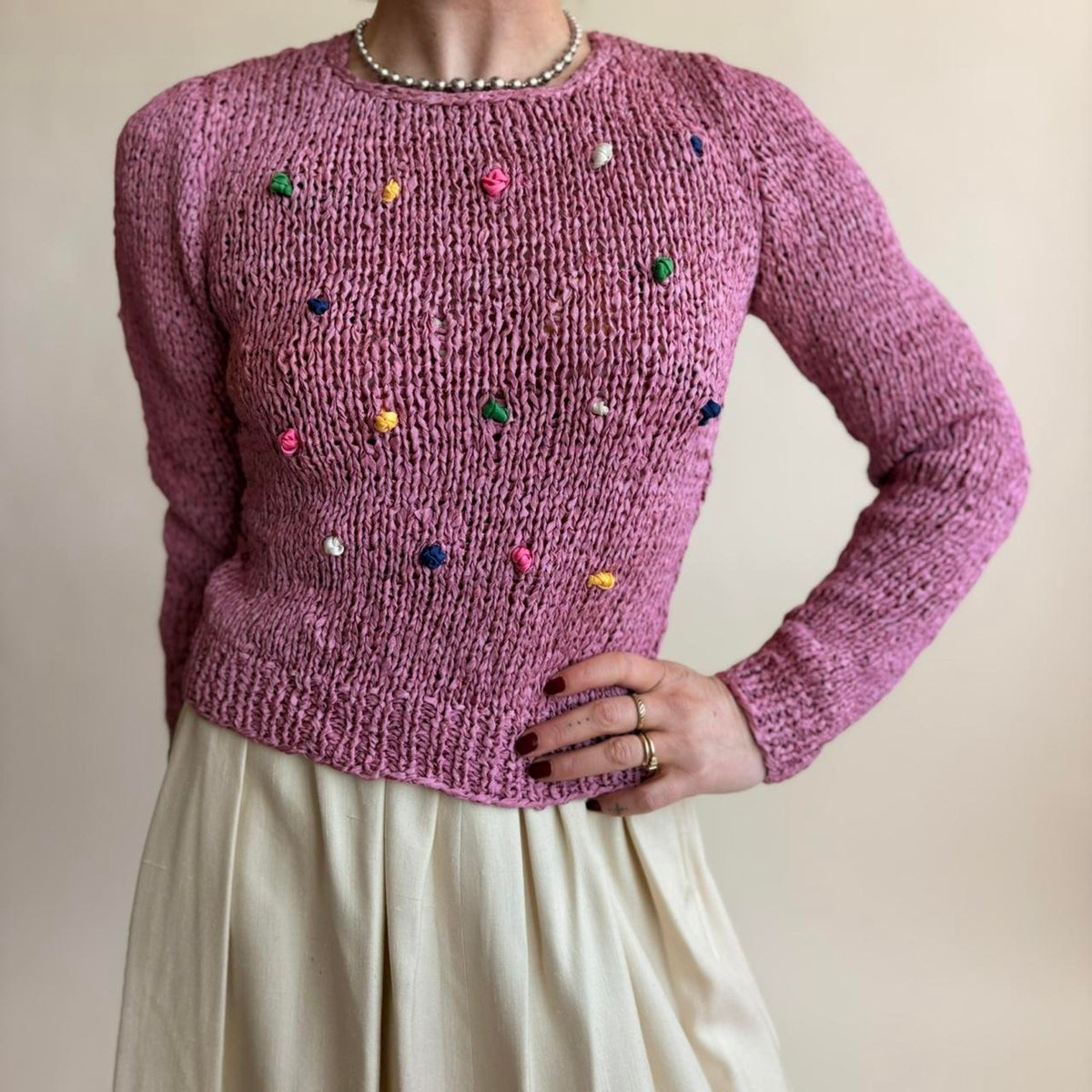 Vintage Pink Ribbon Knit Sweater - Multicolor Knot Details, Fits Small