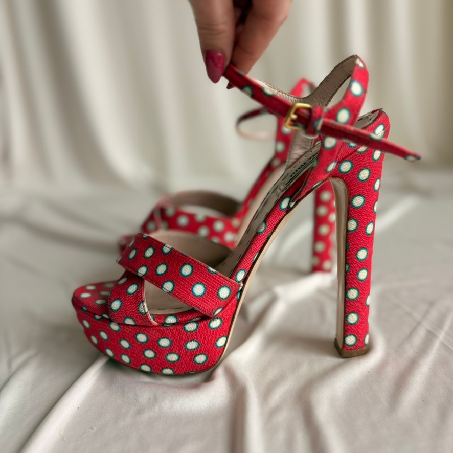 Miu Miu Polka-Dot Canvas Platform Sandals - 2010 SS Collection, EU 37/US 7