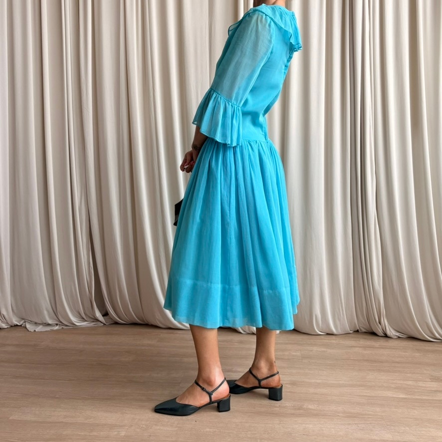 Ollie Wright 60s Turquoise Drop-Waist Midi - Sheer Chiffon, Handmade, Fits Small