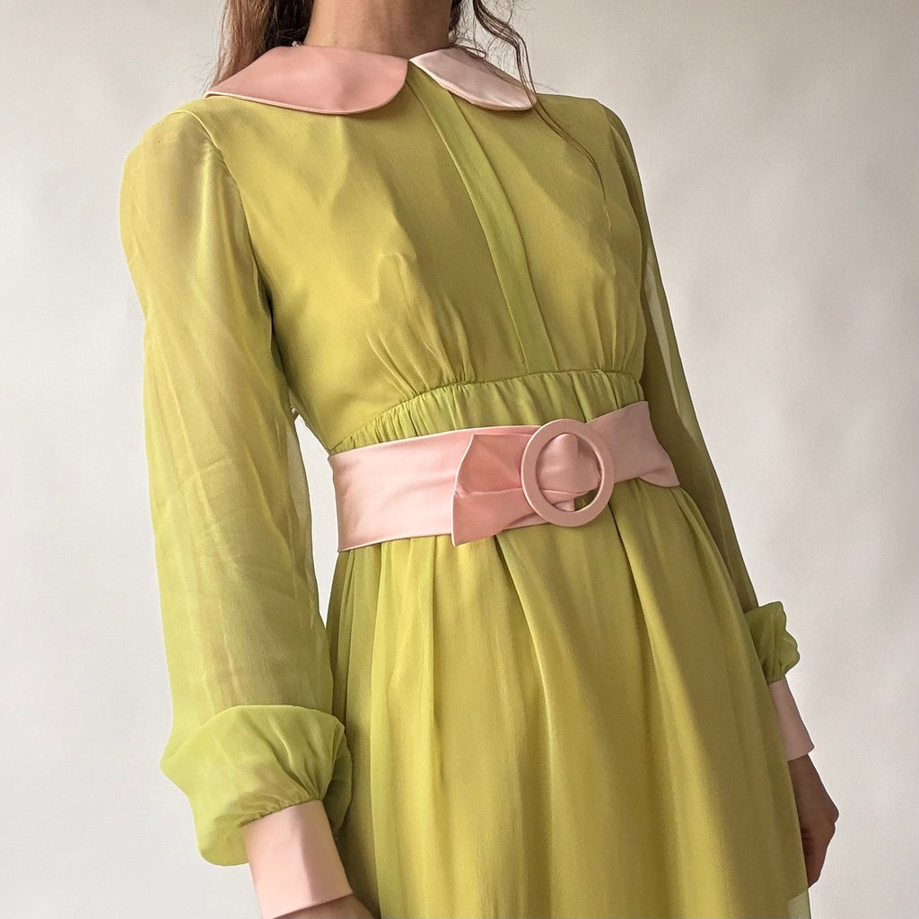 Vintage 60s/70s Chartreuse Peter Pan Collar Maxi Dress w/ Belt