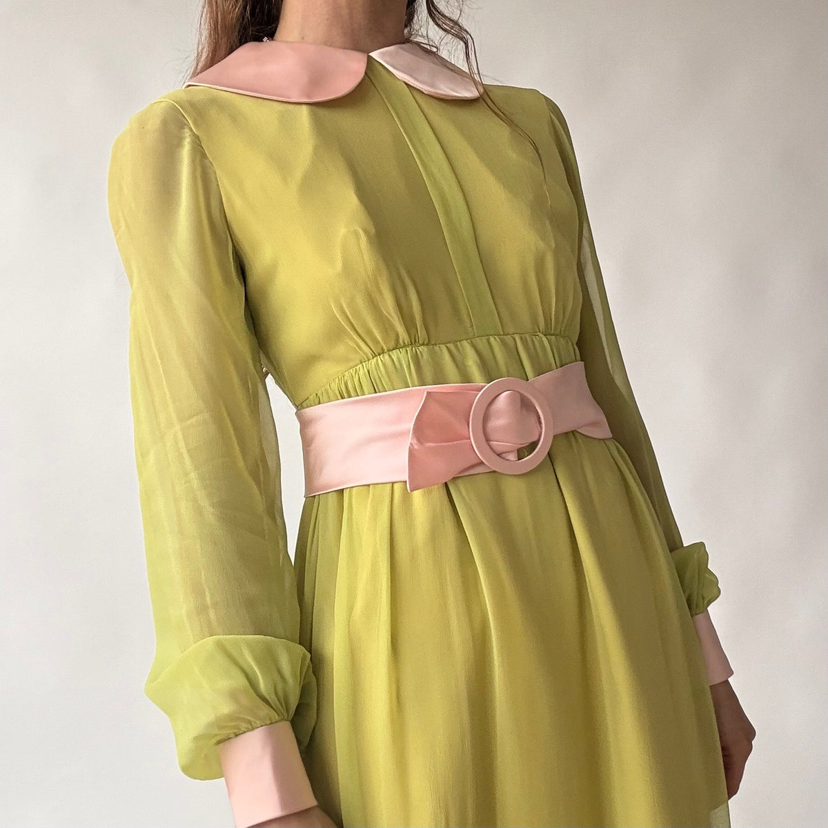 Vintage 60s/70s Chartreuse Peter Pan Collar Maxi Dress w/ Belt