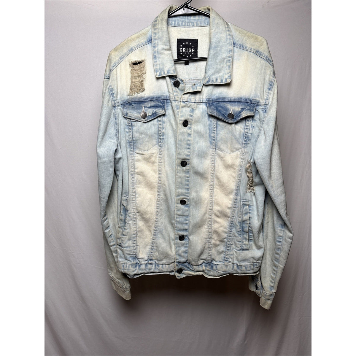 Krisp NYC Men’s Light Wash Distressed Denim Jacket | Size M