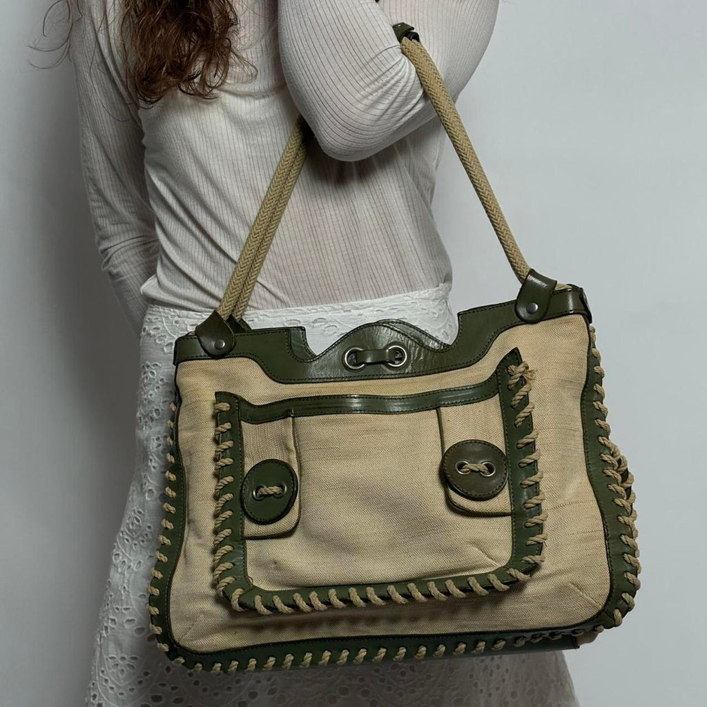 Jamin Puech Paris Canvas & Olive Green Leather Tote