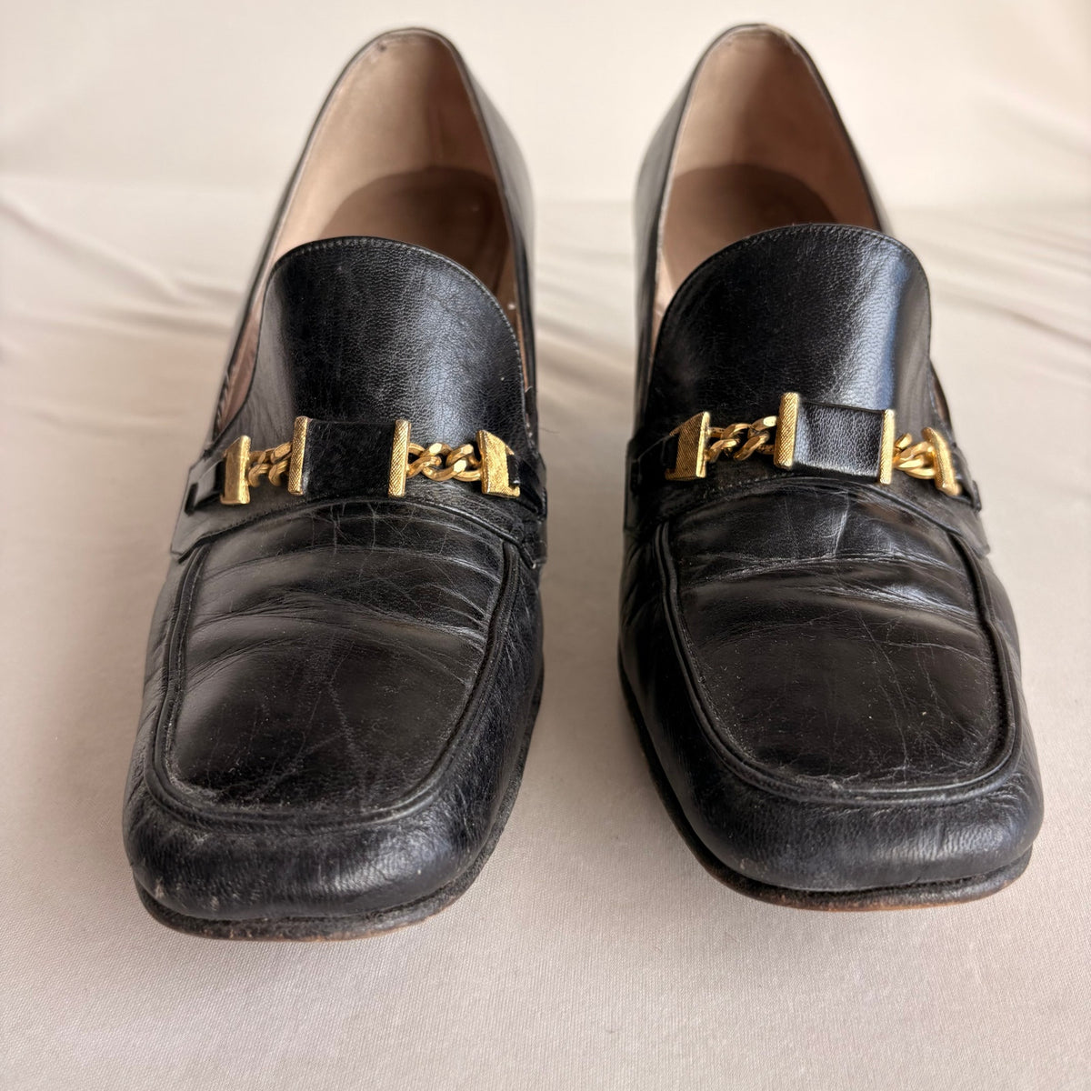 Vintage Saks Fifth Ave Black Leather Heeled Loafers - Block Heel, Square Toe