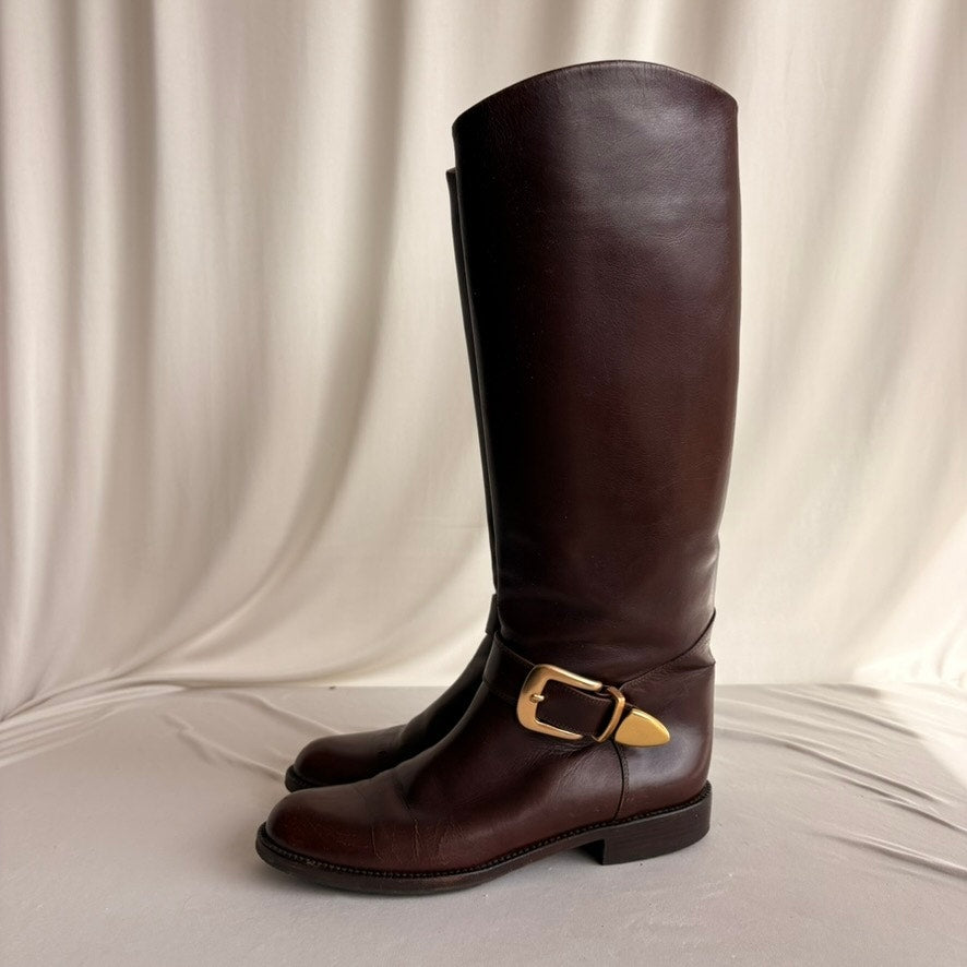 Vintage 1978 Idea Studios Brown Leather Riding Boots - Gold Buckle, 7.5