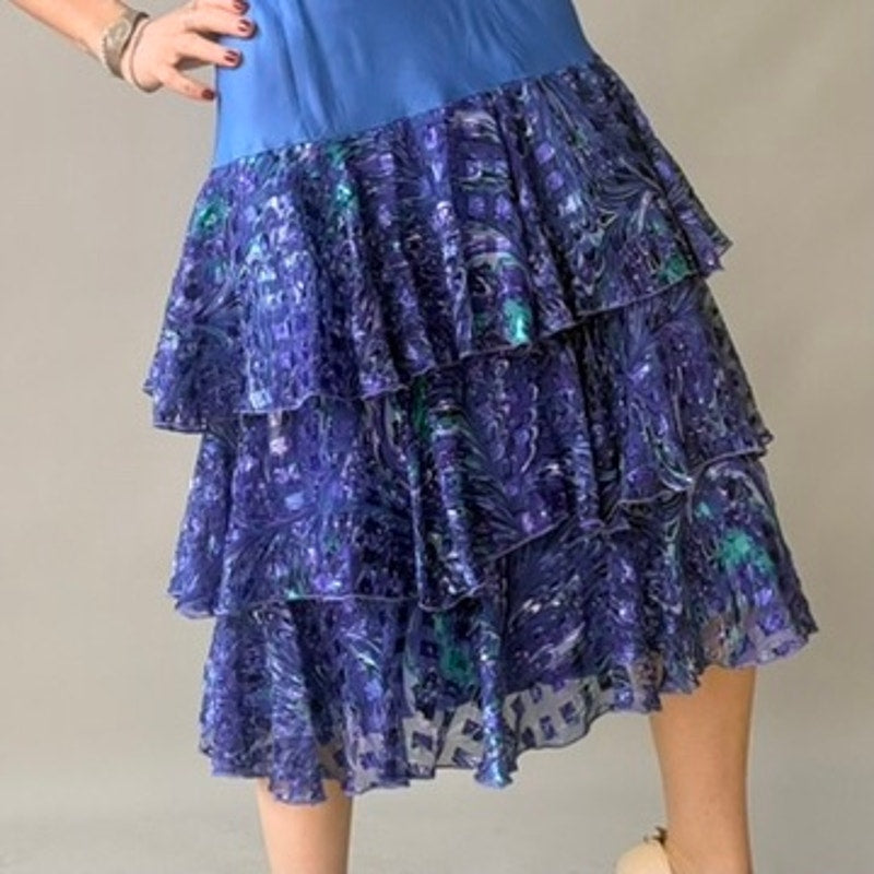 Ann Hobbs for Cattiva Blue Silk Drop-Waist Dress - Peacock Ruffle Tiered Skirt