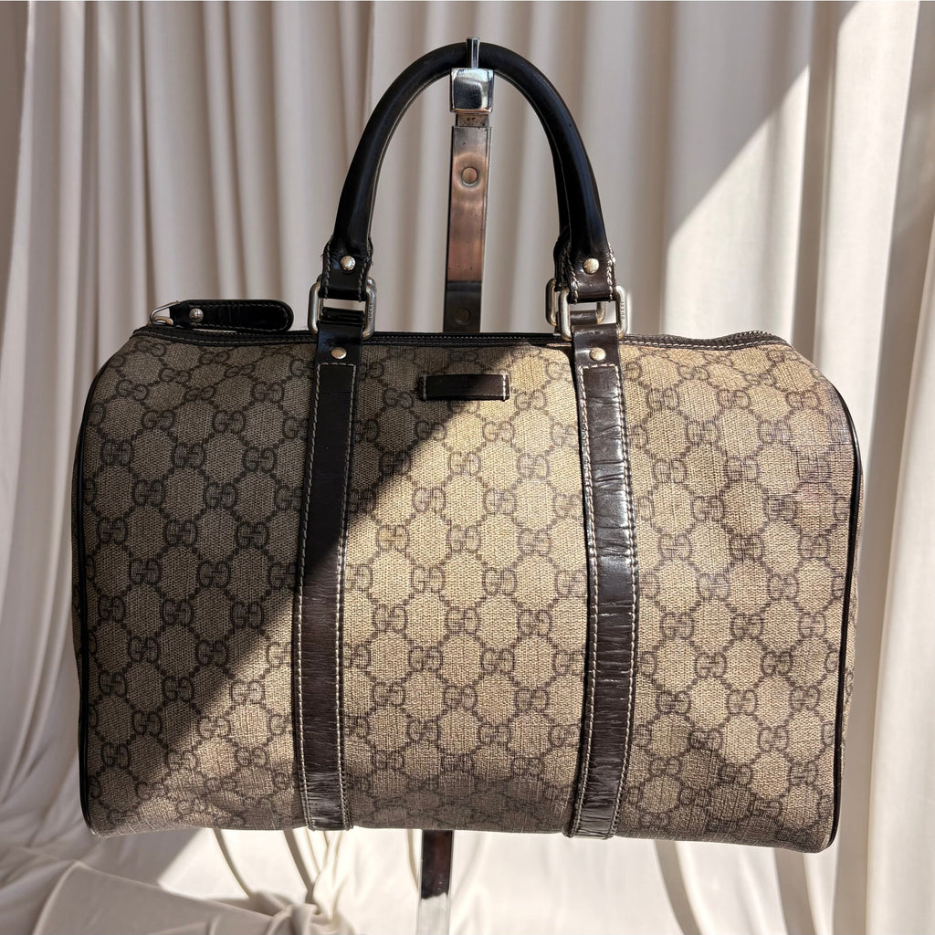 Gucci Joy Boston Bag - GG Supreme Coated Canvas, Dark Brown Patent Leather Trim