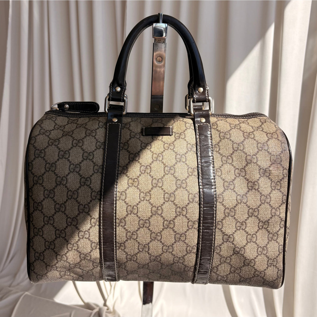 Gucci Joy Boston Bag - GG Supreme Coated Canvas, Dark Brown Patent Leather Trim
