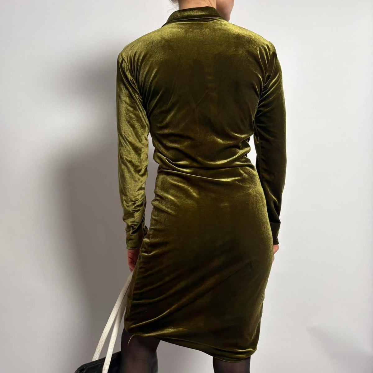 Olive Green Long Sleeve Velvet Rouched Dress - Small
