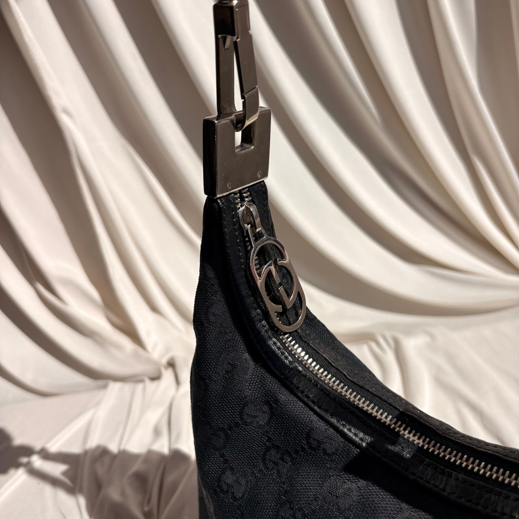 Vintage Gucci Tom Ford Era Black GG Monogram Canvas Hobo Bag Silver Hardware