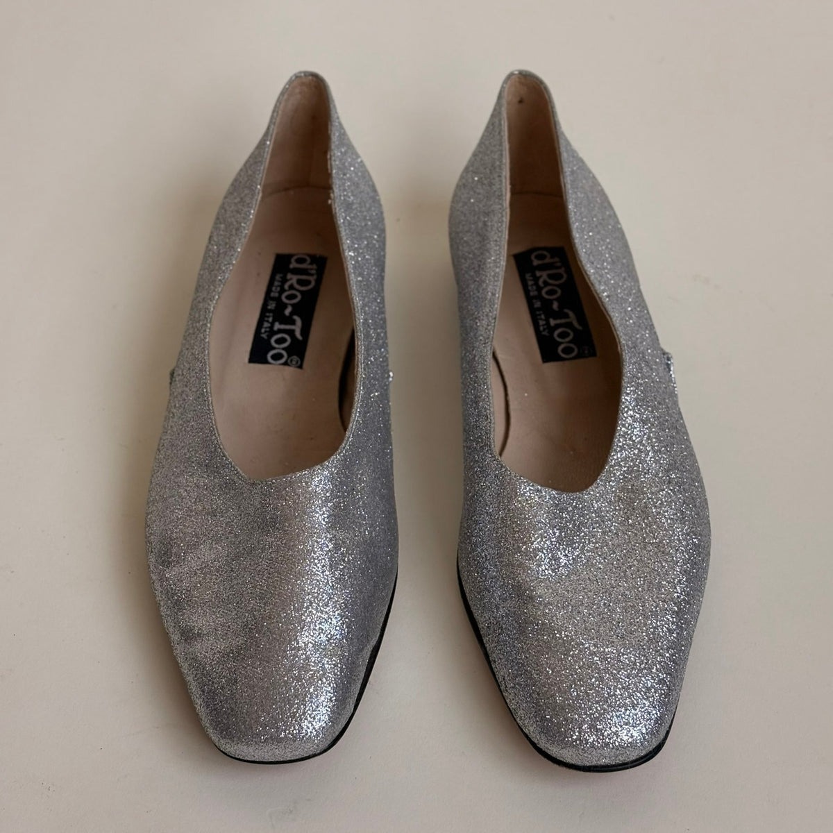 d'Ro-Too Silver Glitter Ballet Flats - Mid-Century Glam, Made in Italy, Size 7.5