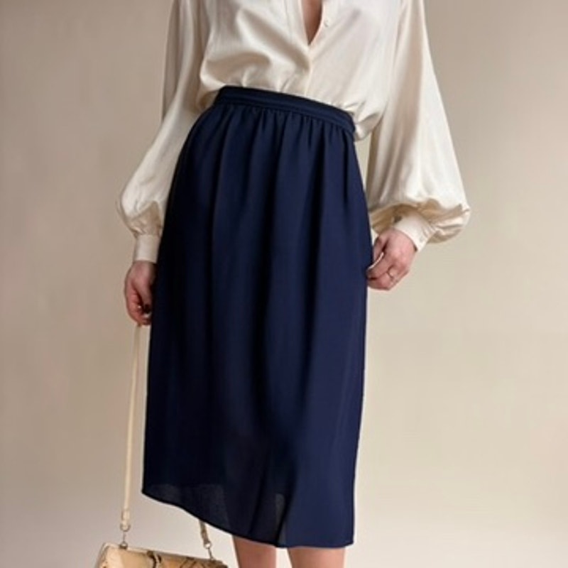 Navy Blue A-Line Midi Skirt - 80s Vintage, Size 4 (Fits 0)