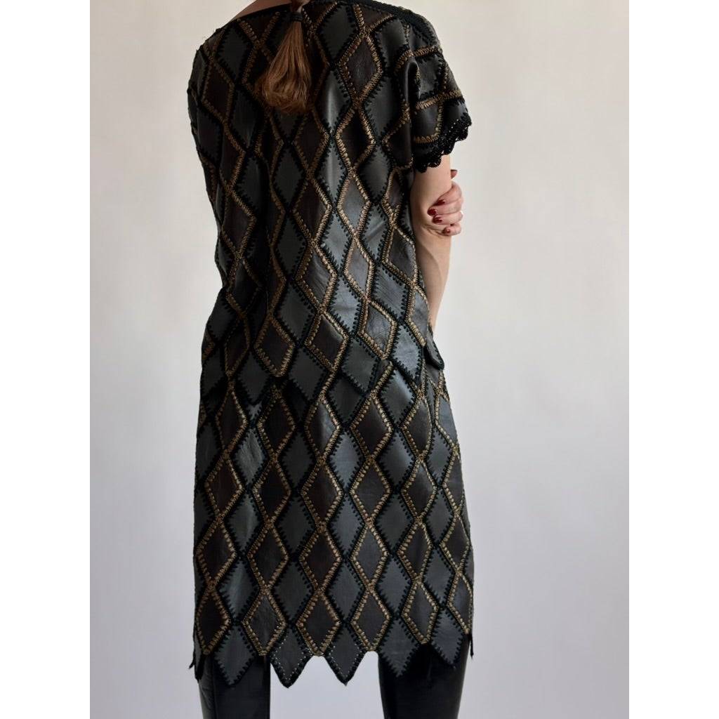 Vintage 1970s Handmade Turkish Diamond Patchwork Leather Top