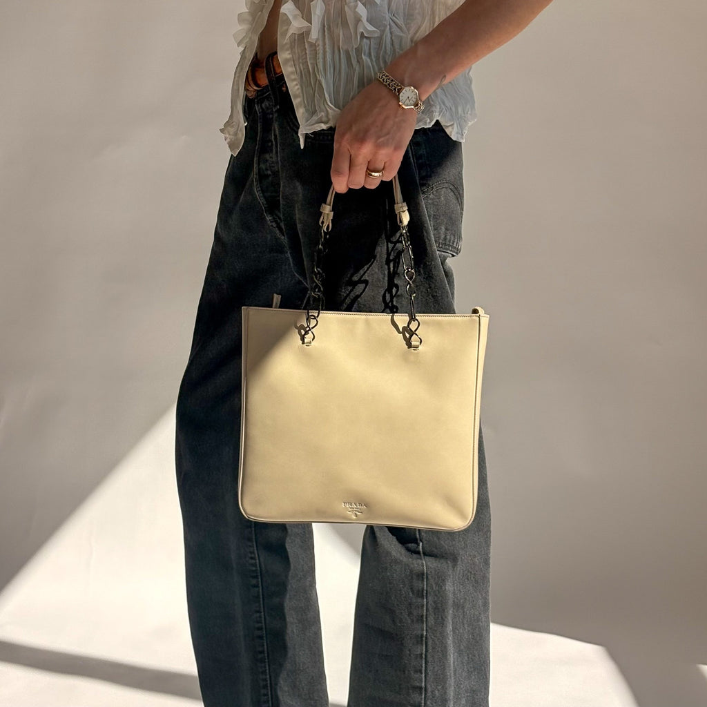 Vintage Prada Vitello Catena Tote Bag - Ivory Calfskin