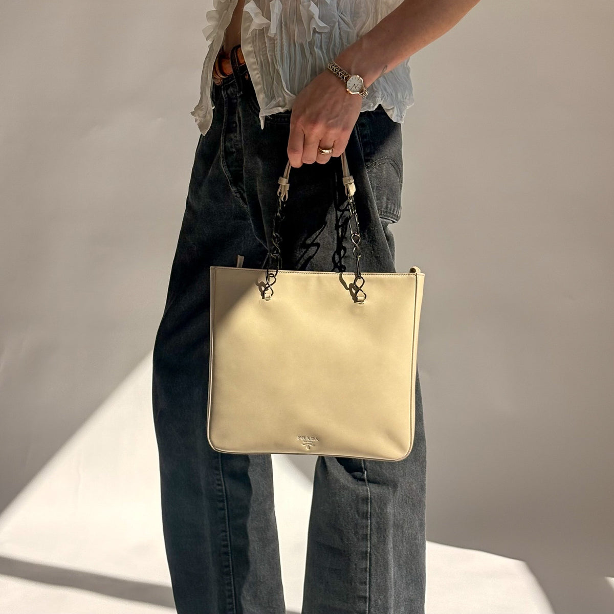 Vintage Prada Vitello Catena Tote Bag - Ivory Calfskin
