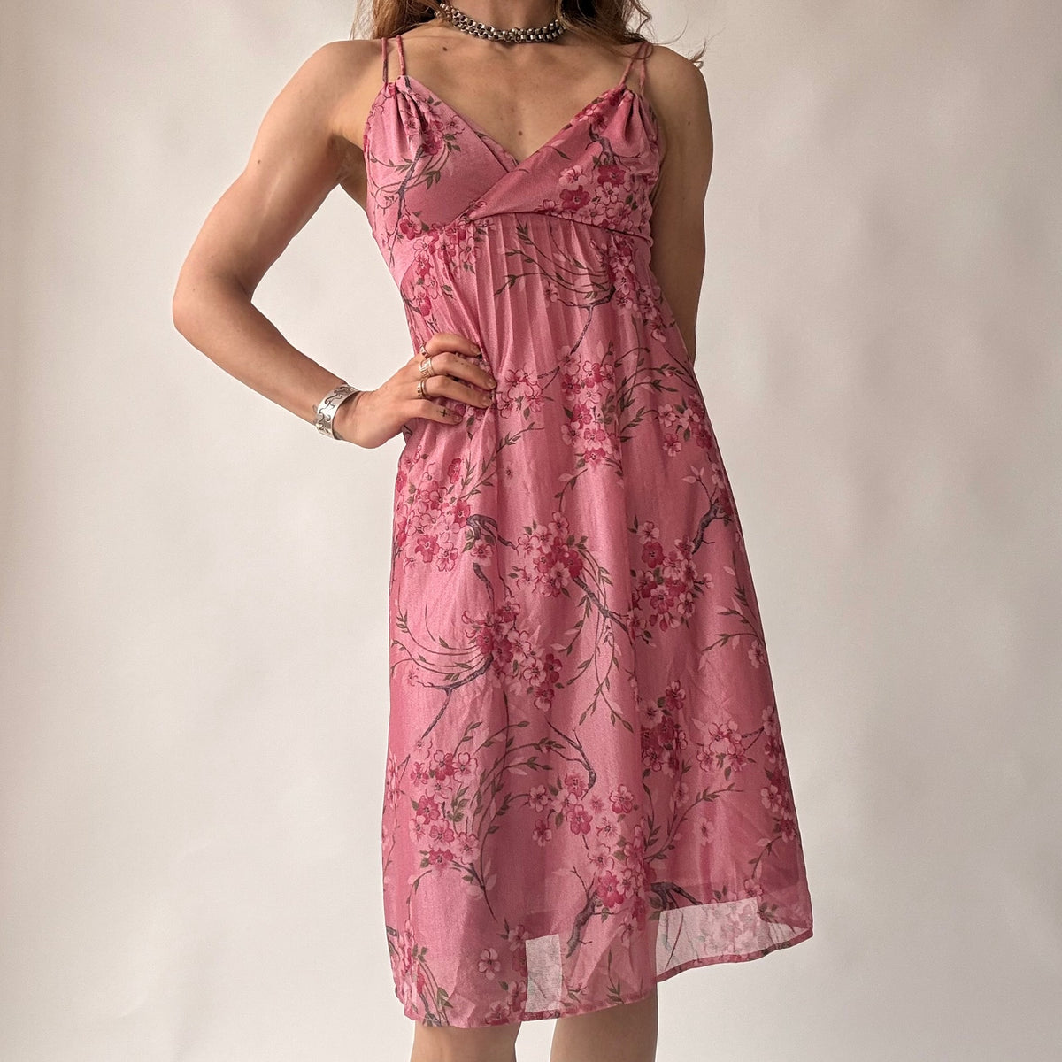 Vintage Y2K Pink Cherry Blossom Print Babydoll Dress