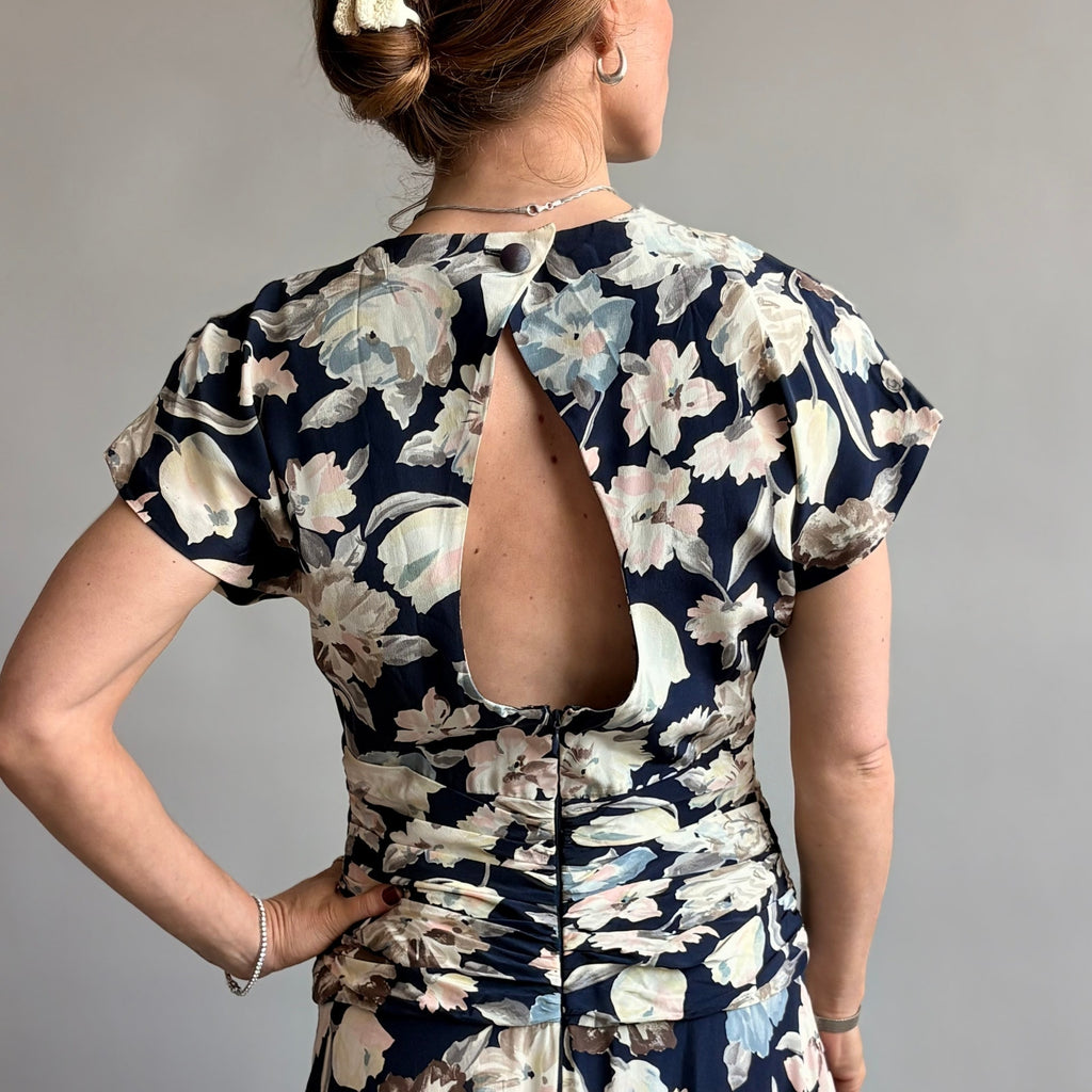 Debora Kuchme Navy Floral Ruched Maxi Dress - Size 4