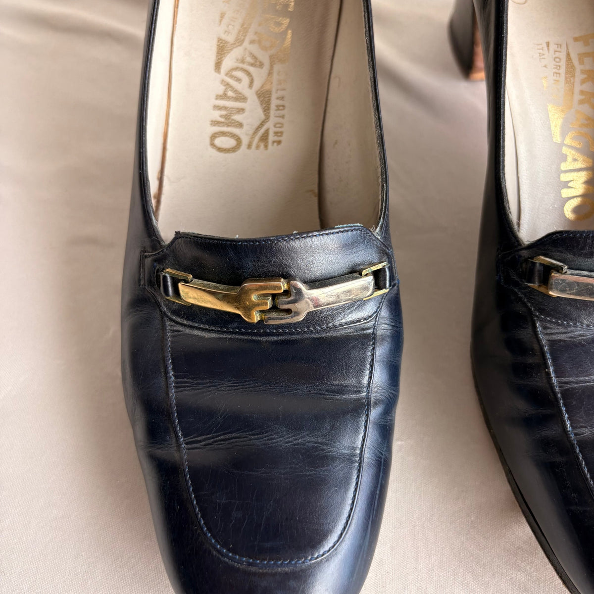 Vintage Ferragamo Navy Leather Heeled Loafers - Gold/Silver Hardware, 7.5