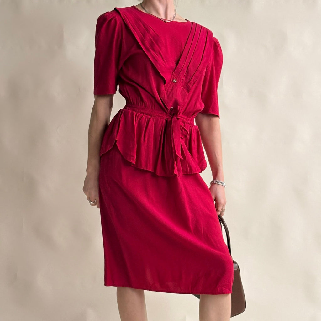 South Bay Vintage Red Wrap Peplum Dress - Pleated Detail, Tie Waist