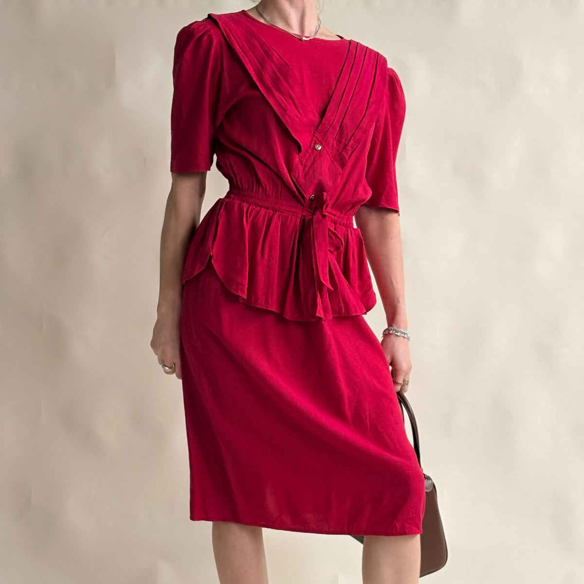 South Bay Vintage Red Wrap Peplum Dress - Pleated Detail, Tie Waist
