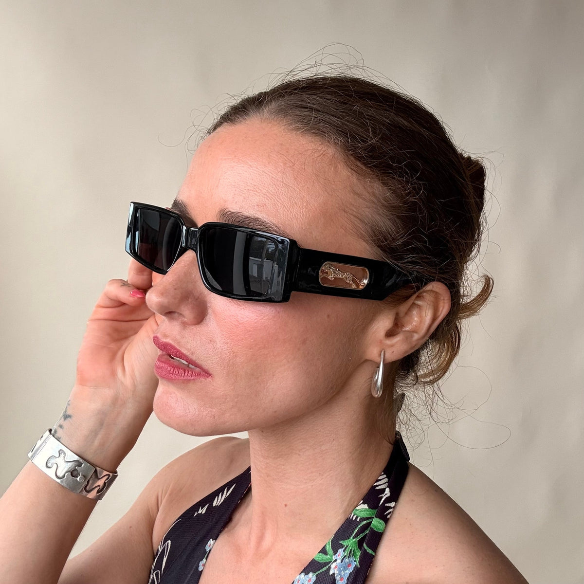 Narrow Black Rectangular Sunglasses - Gold Cheetah Emblem, Cutout Temple Detail