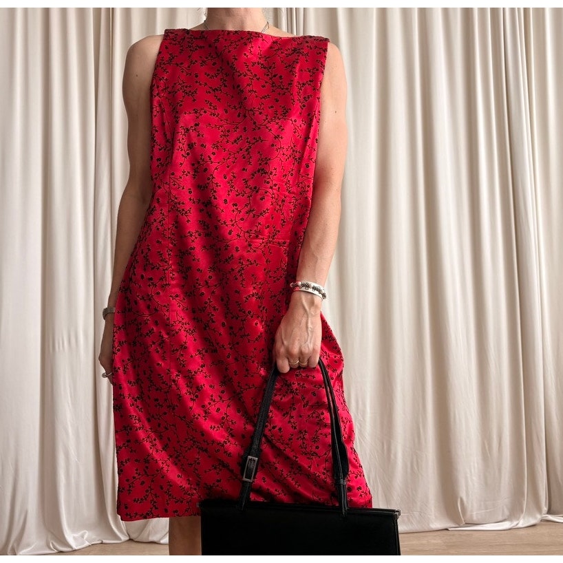 Lois Snyder Floral Sheath Dress - Red & Black, Made in USA - Size 12 (Fits L)