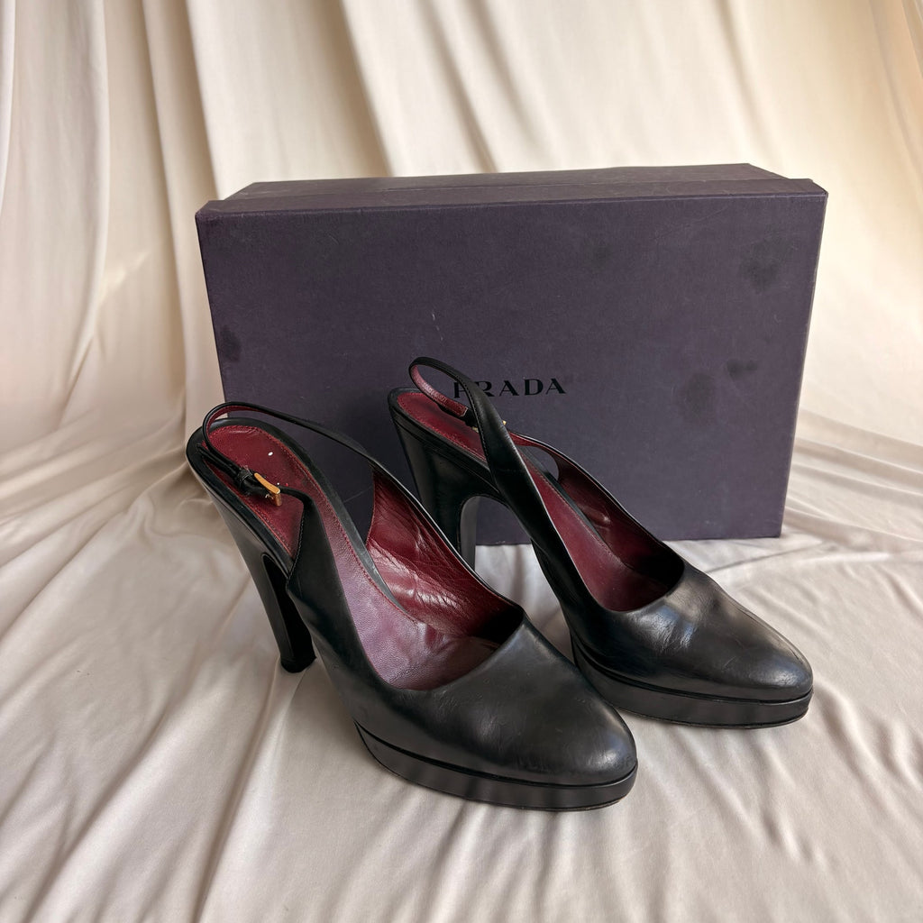Vintage Prada Black Leather Slingback Platform Pumps - Gold Buckle, 37.5