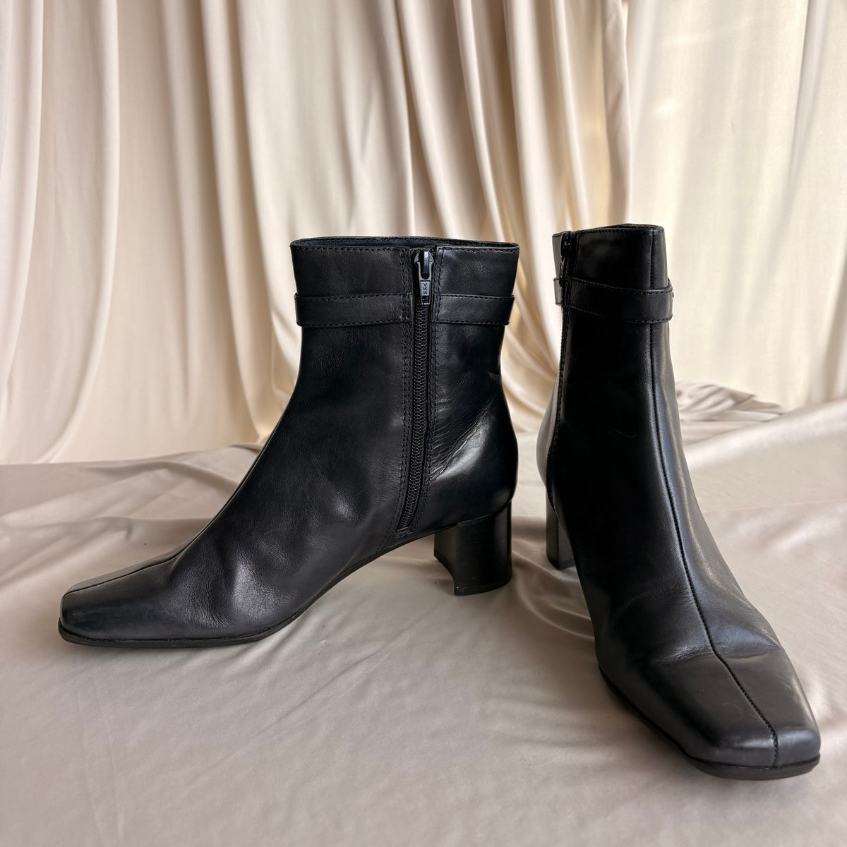 Vintage Navy Blue Leather Ankle Booties - Square Toe, Buckle Detail, 7.5