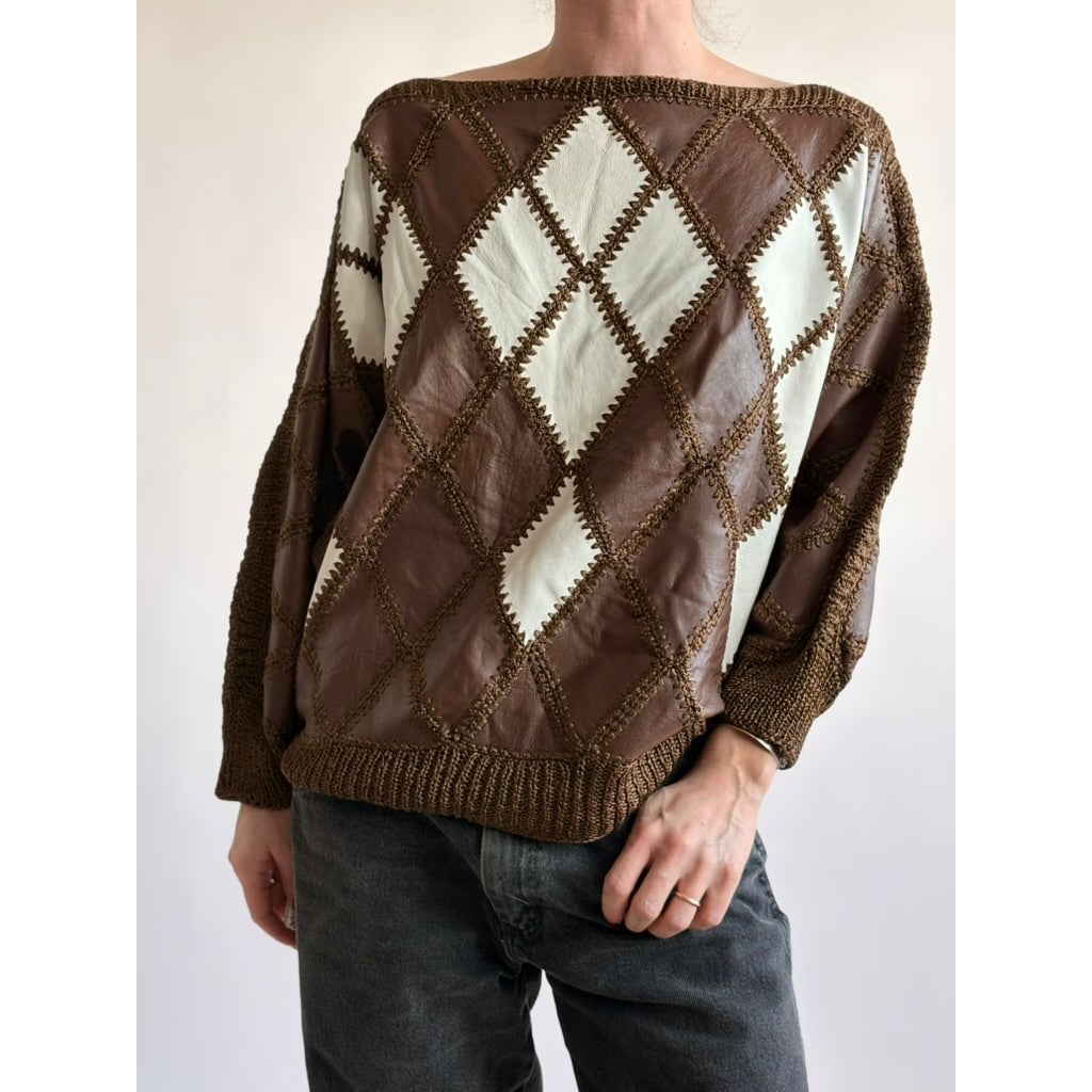 Vintage 1970s Handmade Turkish Diamond Patchwork Leather Top