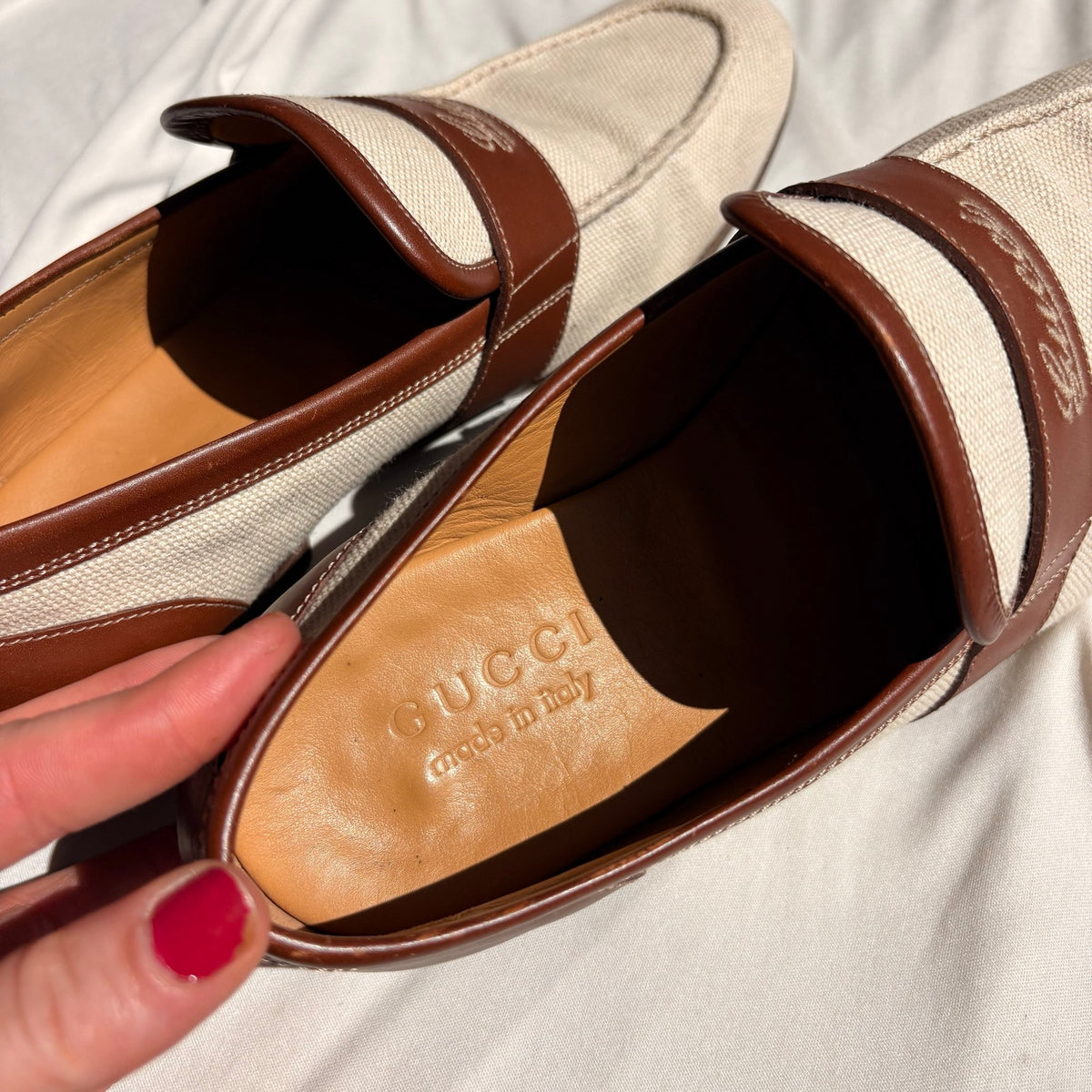 Vintage Gucci Slip-On Loafers - Cream Canvas, Brown Leather, EU 39