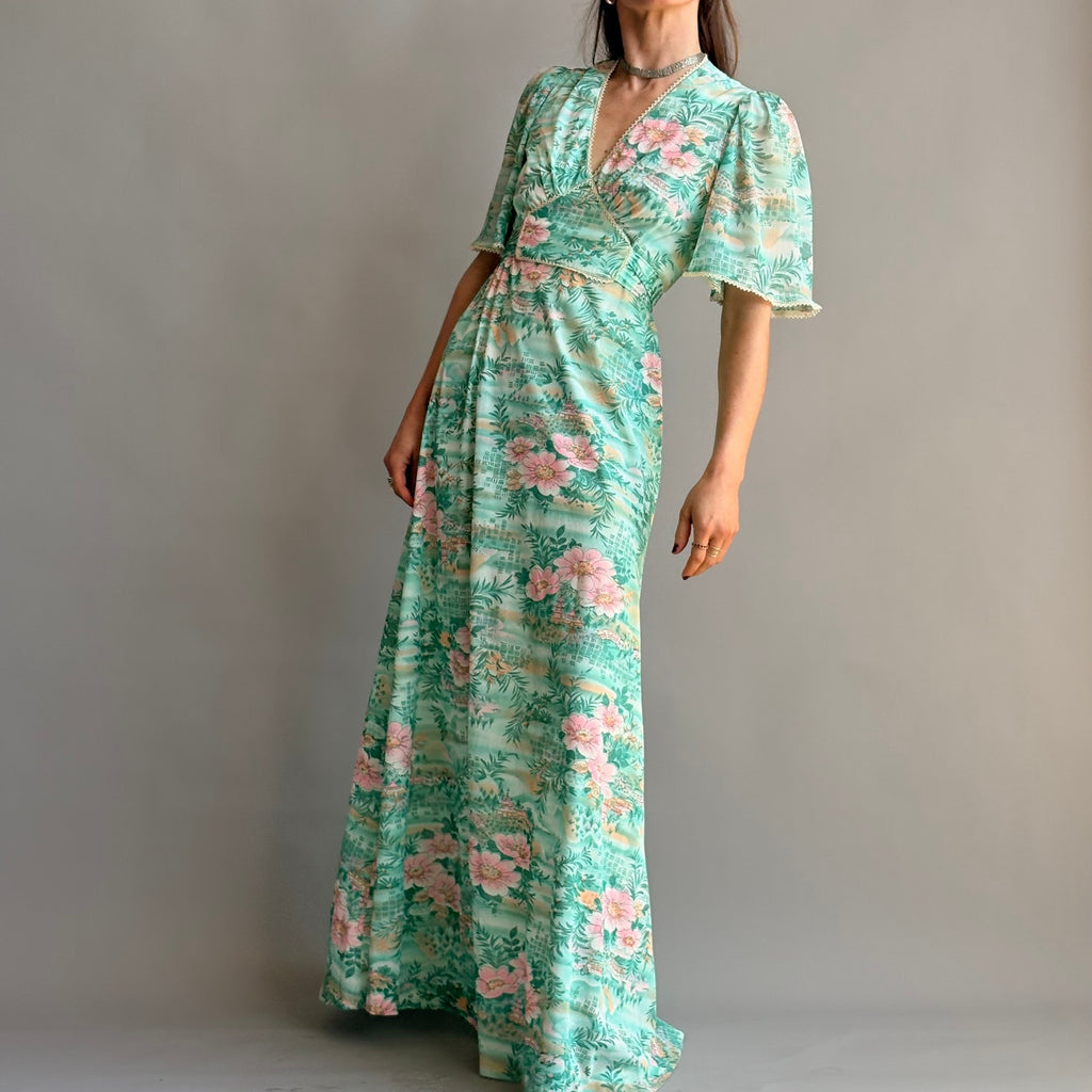 House of Nu-Mode Vintage 70s Mint Green Hawaiian Maxi Dress