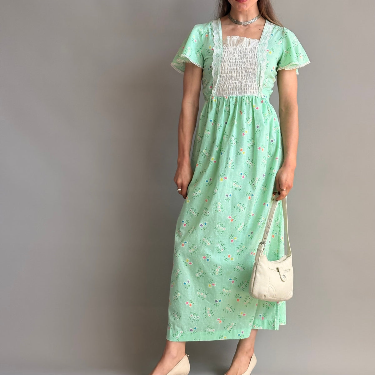 Vintage 70s Sears Growing Girl  Green Floral Prairie Dress - Small