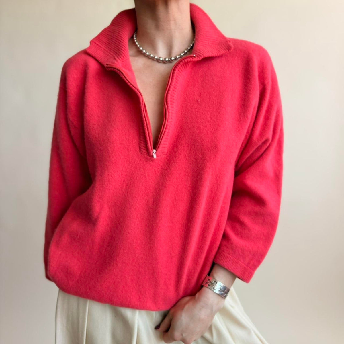 Outlander Hot Pink Quarter Zip Sweater - Lambswool & Angora, Fits Medium