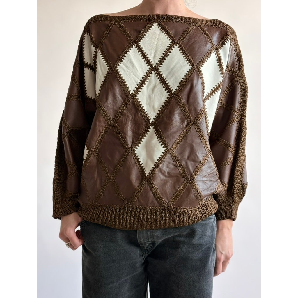 Vintage 1970s Handmade Turkish Diamond Patchwork Leather Top