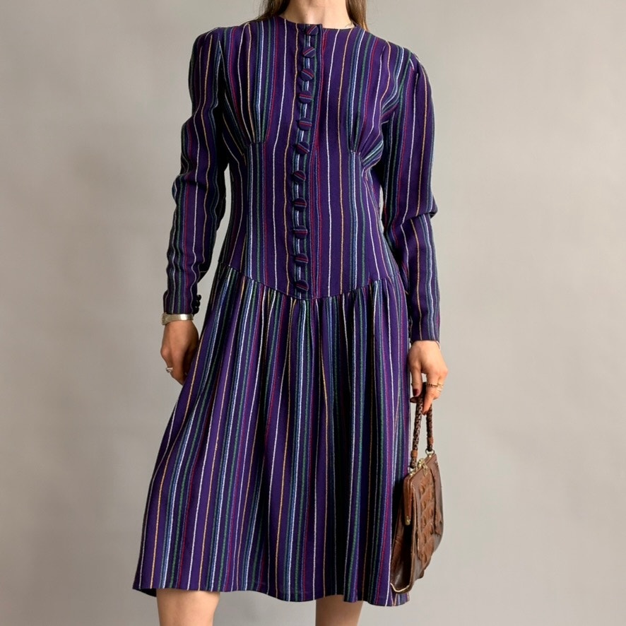 Vintage 1940s Purple Striped Wool Button-Front Day Dress