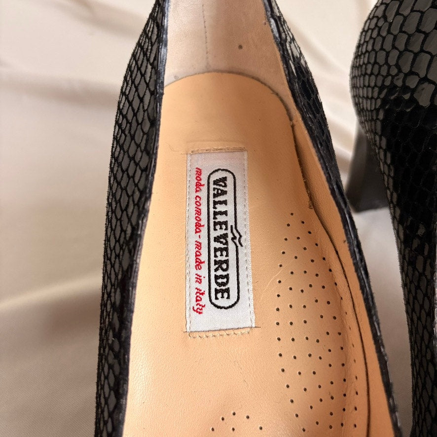 VALLEVERDE Snakeskin Pumps - Black, Block Heel, Made in Italy, EU 38.5 / US 7.5