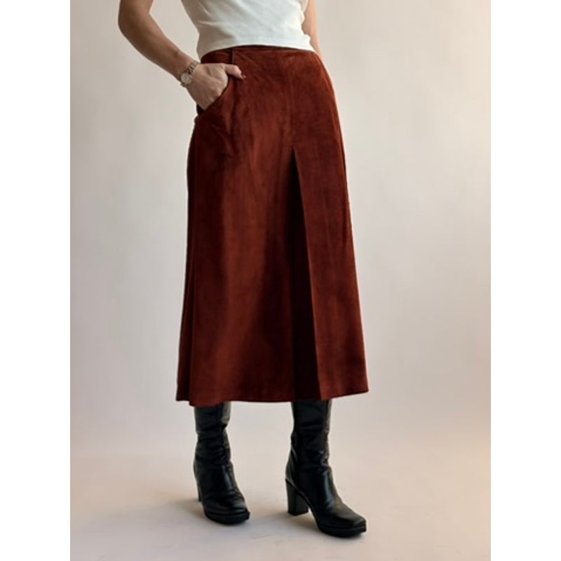 Vintage Burnt Orange Genuine Suede Midi Skirt